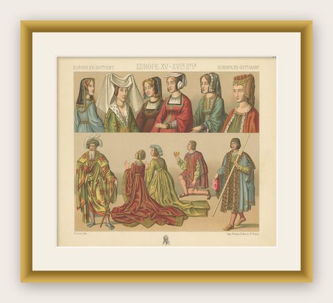 Pl 40 Antique Print of European 15th-16th Century Costumes by Racinet, shown framed