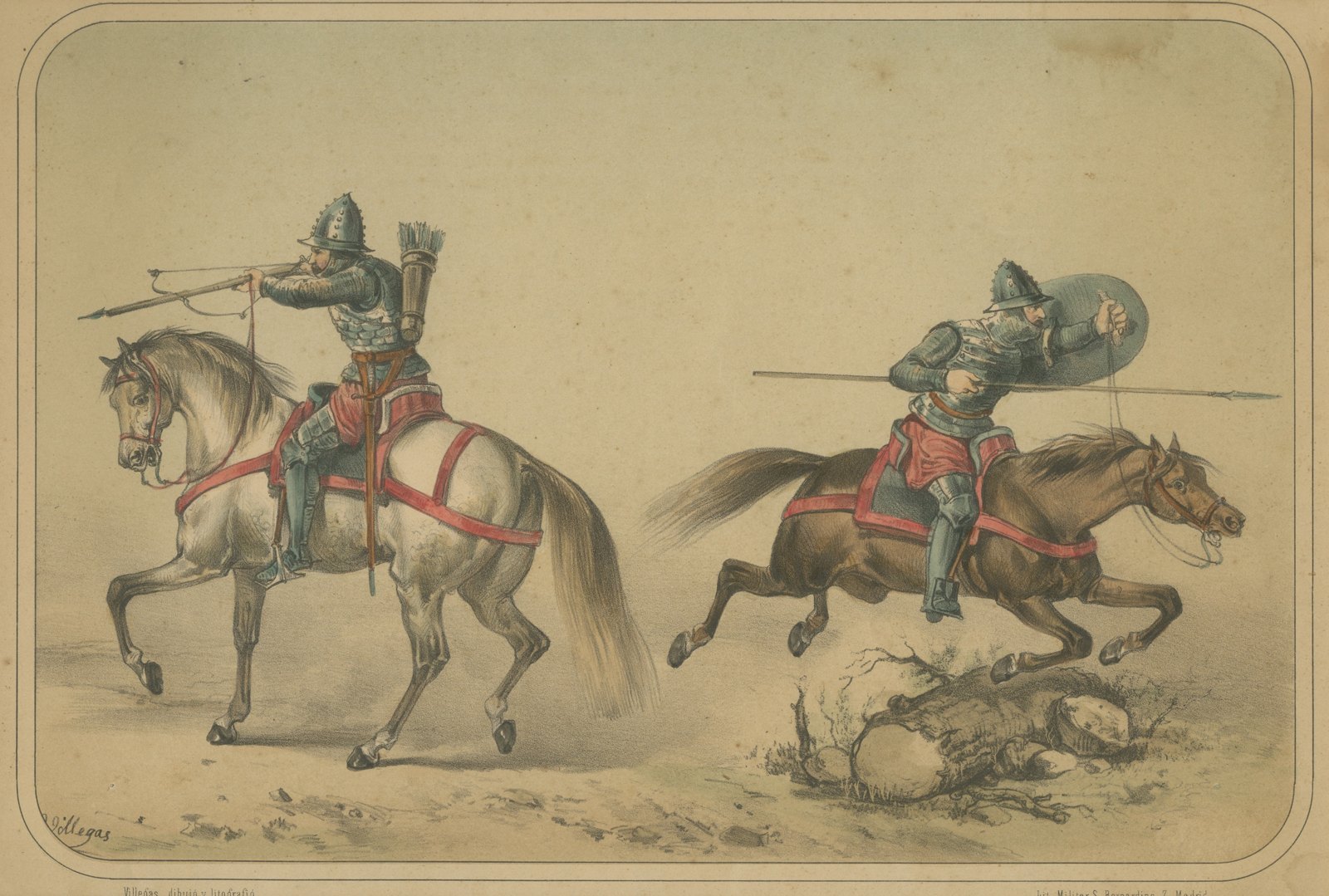 Spanish Mounted Crossbowman and Lancer by Villegas, Clonard Album, 1861
