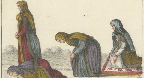 Women at Namaz Prayer and the Tomb of Osman, Hand Colored Lithograph, 1842, close-up 1