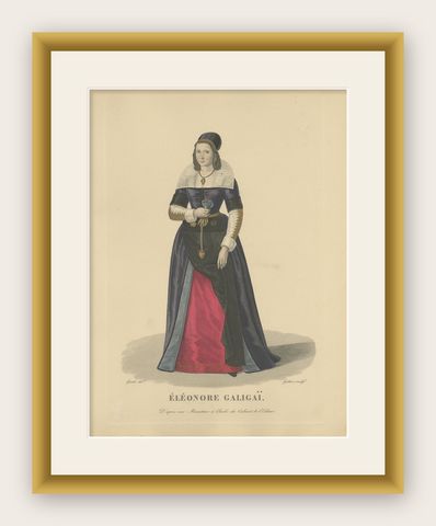 Hand Colored Engraving of Leonora Dori Galigaï, a French Courtier, 1900, shown framed
