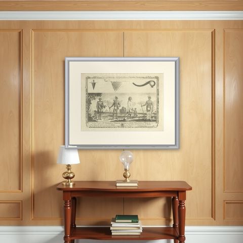Indians of North America, Dress and Weapons, Millar Geography Engraving, c.1782, shown framed on a wall
