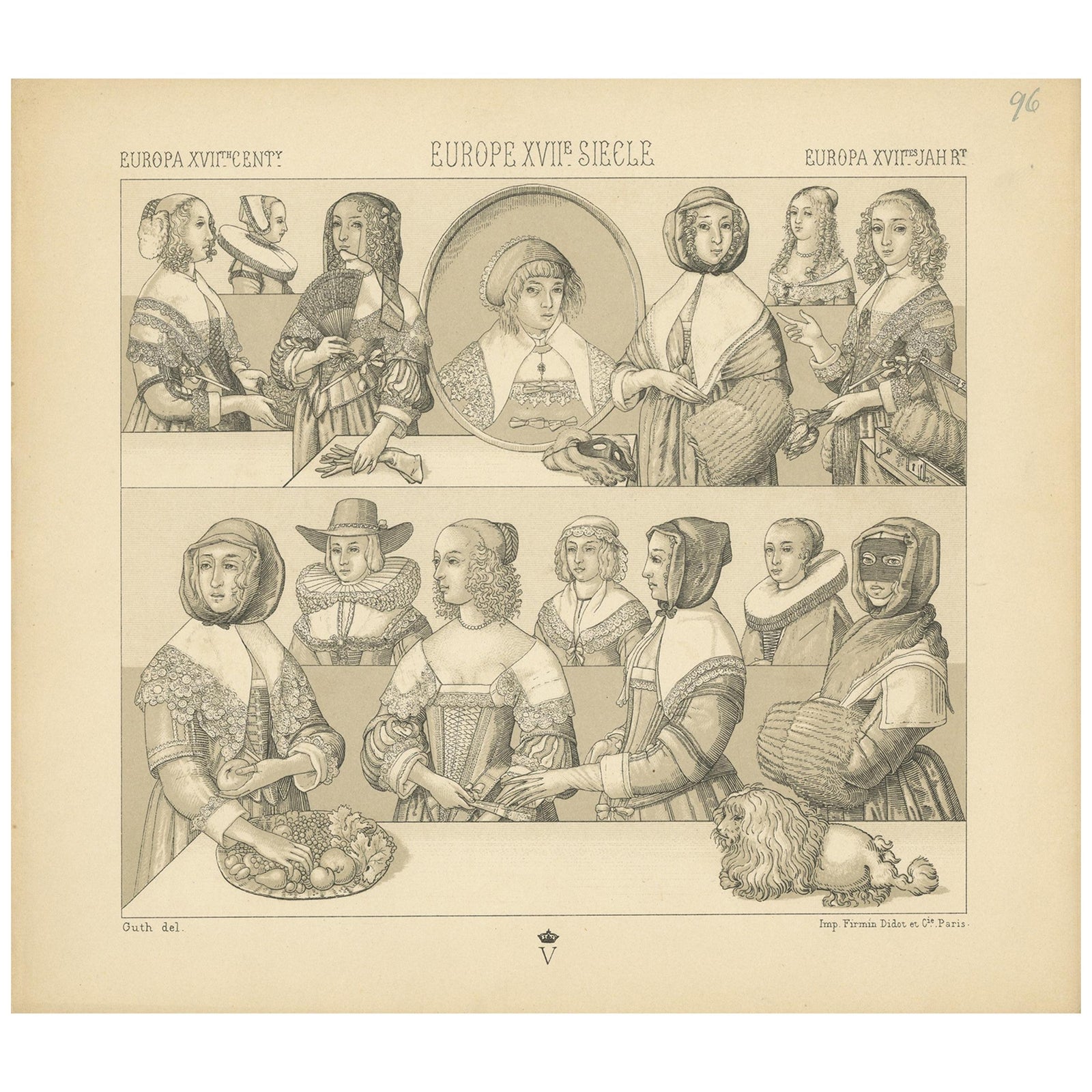 Pl 96 Antique Print of European 17th Century Costumes by Racinet
