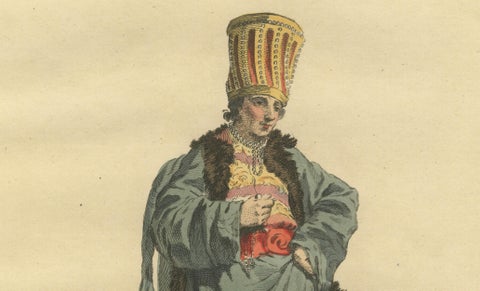 Ottoman Eunuch Costume Print, Hand-Colored Engraving, 1749, close-up 2