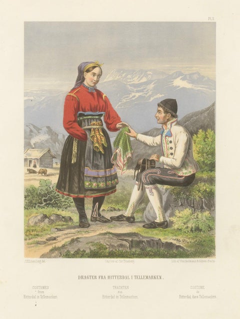 Antique Norwegian Costume Print, Hitterdal in Telemark, circa 1860s, close-up 1