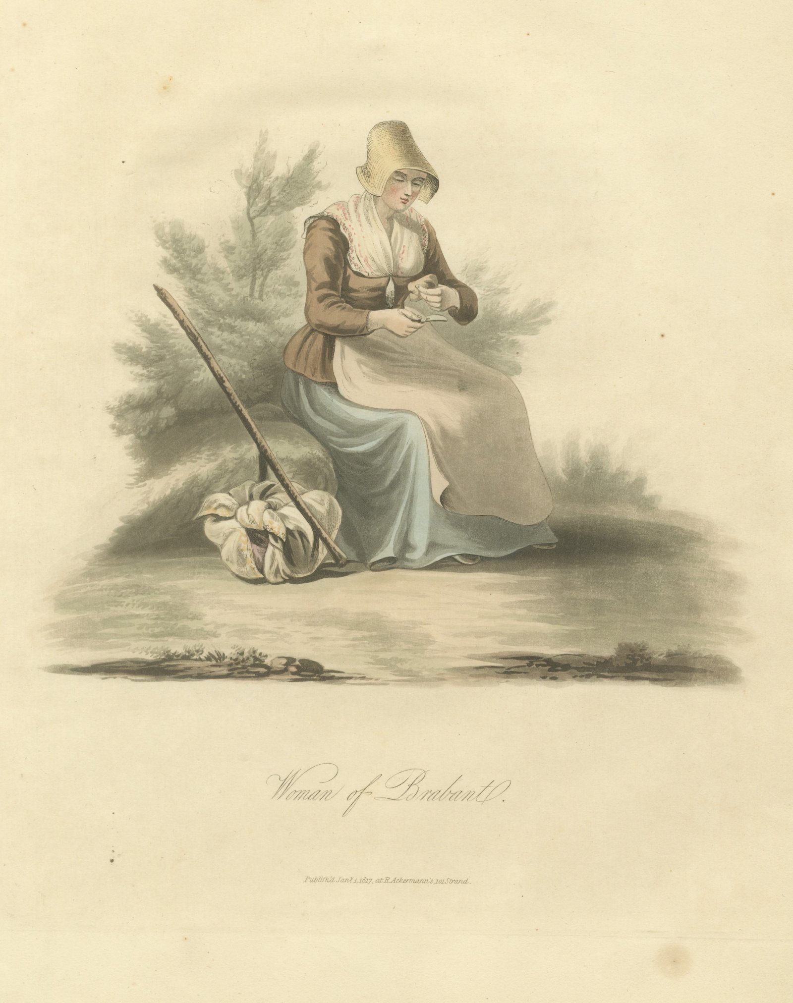 Woman of Brabant Resting with Staff and Bundle, Antique Ackermann Print, 1817