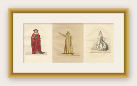 Cardinal, Commoner, and Florentine Noble in 15th-Century Italian Costume, 1845, shown framed