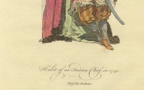 Antique Costume Print, Indian Chief, Exotic Dress & Arms, 1749, close-up 4
