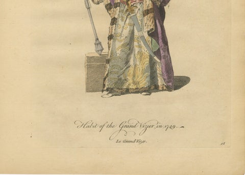 Ottoman Grand Vizier Costume Print, Hand-Colored Engraving, 1749, close-up 3