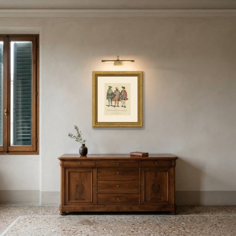 Three English Gentlemen of 1735, 1745 and 1755, Jefferys Costume Print, 1757, shown framed in a room