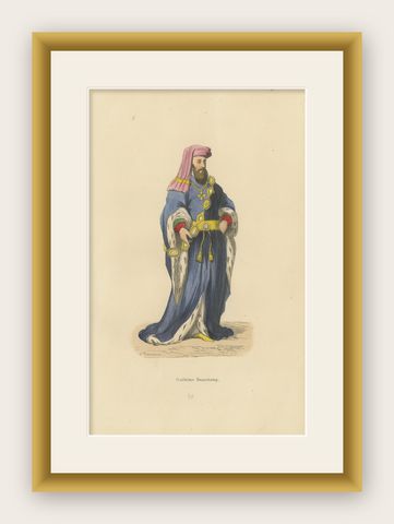 William de Beauchamp in Noble Attire in An Original Handcolored Lithograph, 1847, shown framed