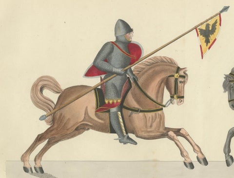 19th-Century Hand-Coloured Print of Armed Horsemen Bearing a Heraldic Banner, close-up 4