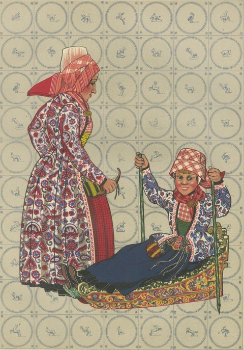 Girl on Hindeloopen Sleigh in Dutch Winter Dress, Hand-colored Lithograph - 1932, close-up 5