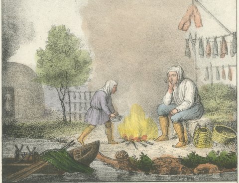 Lapp Fishermen by the Fire and a Group of Lapp Fishermen, Lapland, 1842, close-up 1