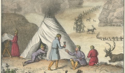Nomadic Lapp Reindeer Camp and a Finnish Interior, Hand Colored Lithograph, 1842, close-up 1