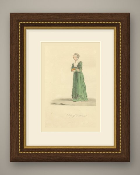 Lady of Rotterdam in a Green Gown, Antique Ackermann Print, 1817, shown framed