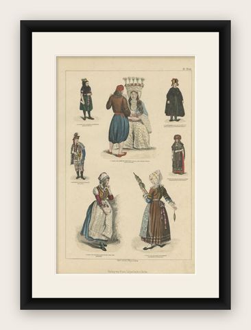 Antique Costume Print of Greece, France, Holland and Others, shown framed