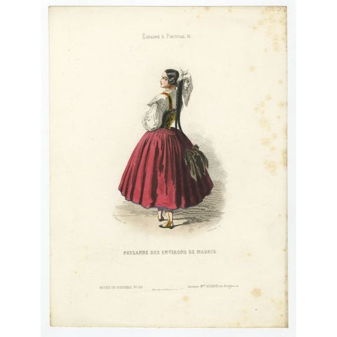 Old Handcolored Print of a Farmer's Wife from the Region of Madrid, Spain, 1850, view 2