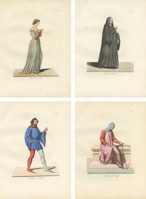 Set of Four Medieval Figures, Costume & Daily Life, Handcolored Engravings 1845, view 7