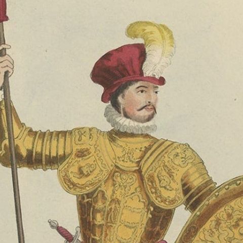 Nicely Hand-colored Antique Print of Embossed Armor, 1842, close-up 3
