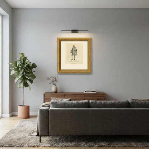 English Gentleman about 1700, Periwig, Cane and Tricorn, Jefferys Print, 1757, shown framed in a room