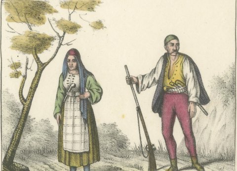 Uskoks and Licani, Croatian Costumes, Hand Colored Lithograph, 1842, close-up 1