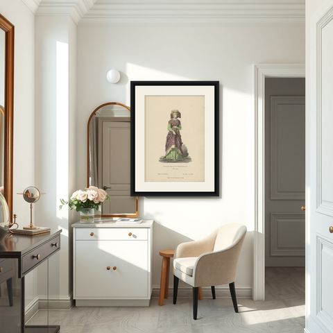 Antique Costume Print of a German Princess by Lipperheide, c.1880, shown framed in a room