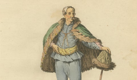 Hungarian Gentleman & Lady Costume Engravings, Hand-Colored Pair, 1749, close-up 2