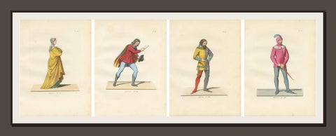 Set of Four Medieval Figures, Hand-Colored Costume Engravings, France 1845, view 7