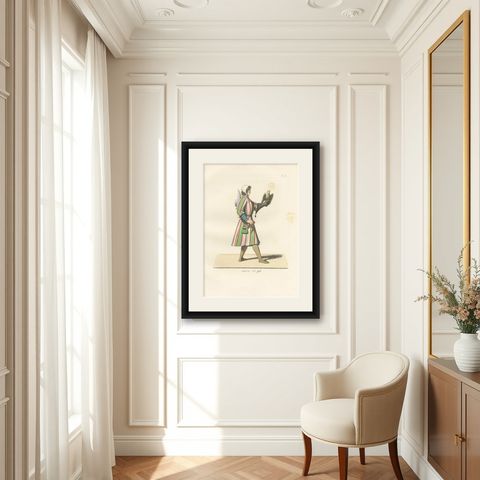 15th Century Falconry Costume, Falconer with Hawk, Antique Print 1845, shown framed in a room