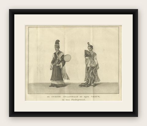 Burmese Minister & Wife in Ceremonial Dress, Antique Costume Print, c.1800, shown framed