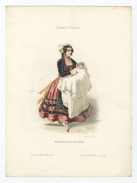Hand-Colored Antique Print of a Nanny with Child from Madrid, Spain, 1850, view 2