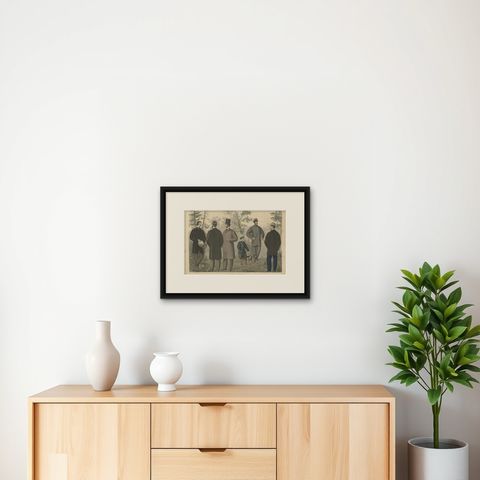 Antique Fashion Print of Male Costumes, 1864, shown framed on a wall