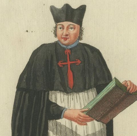 Regular Canon of the Order of St. James of Spain in Choir Attire, 1791 Engraving, close-up 4