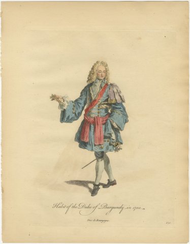 Duke of Burgundy in 1700, Hand Colored Jefferys Costume Engraving, 1757, view 2