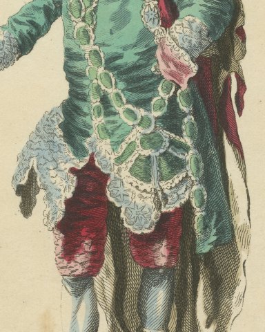 Dorilas in the Tragedy of Merope, Georgian Stage Costume, Jefferys Print, 1757, close-up 2