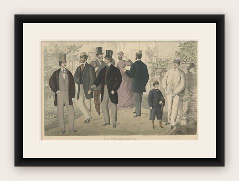 Antique Fashion Print of Males in Costume, 1864, shown framed