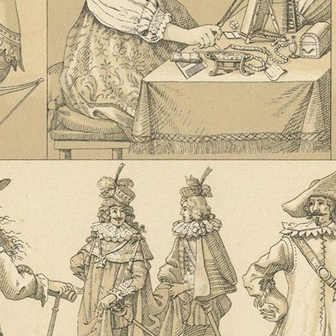 Pl. 100 Antique Print of French XVIIth Century Costumes by Racinet, circa 1880, close-up 2