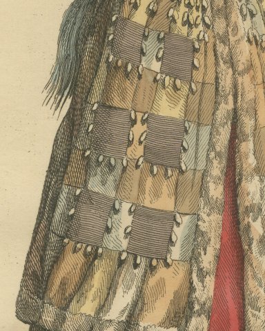 Lady of Silesia in Patchwork Fur Cloak and Gold Headdress, Costume of 1577, 1757, close-up 2