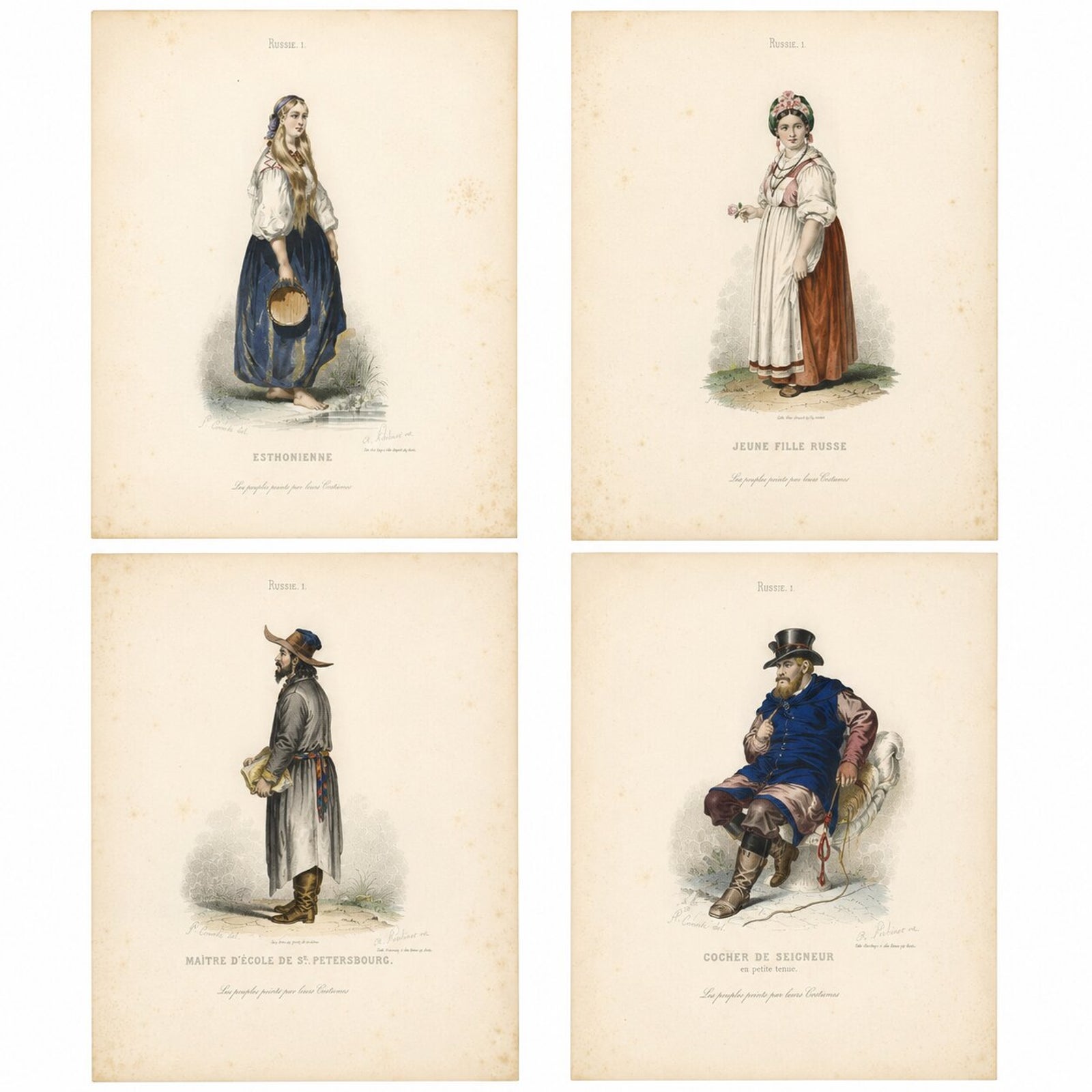 Russian Traditional Costumes and Trades, Set of Four Antique Prints, circa 1850