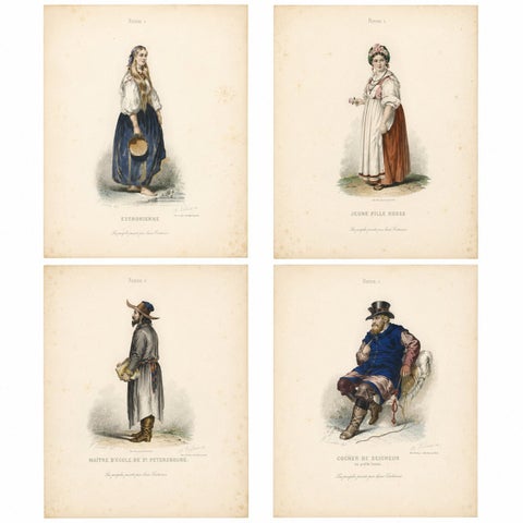 Russian Traditional Costumes and Trades, Set of Four Antique Prints, circa 1850