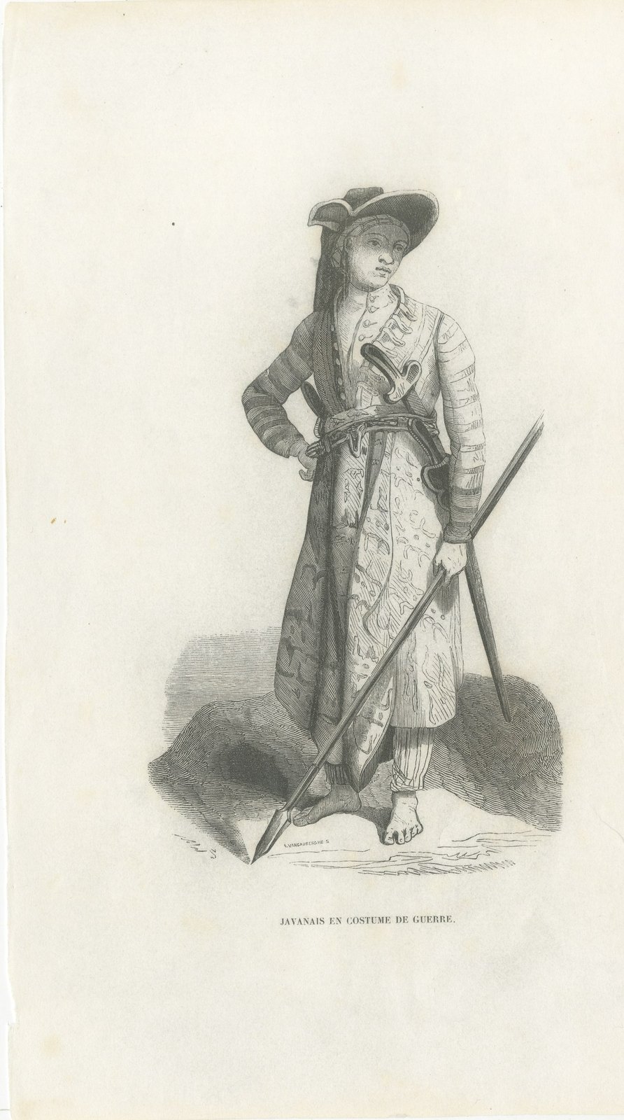 Javanese Man in War Dress, Antique Wahlen Costume Print, 1843-1844