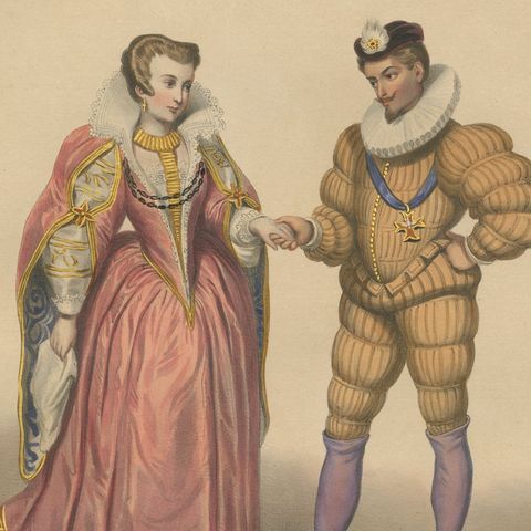 Henri III French Court Costume, Royal Couple Costume Lithograph, 1847, close-up 2