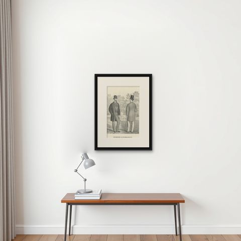 Antique Decorative Print of Men's Fashion, c.1890, shown framed on a wall
