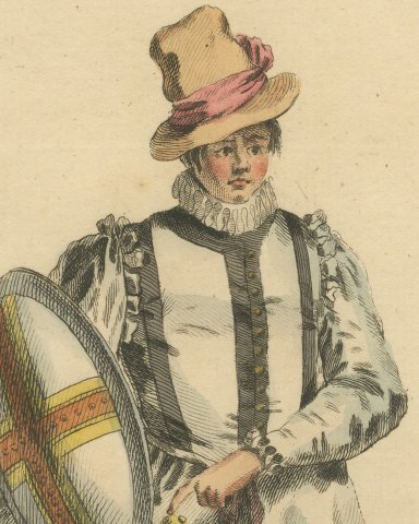 English Gentleman in 1588 with Shield and Sword, Jefferys Costume Print, 1757, close-up 1