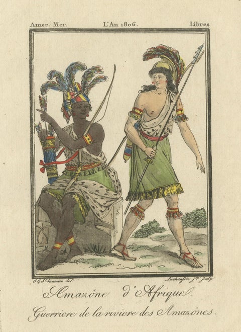 African Amazon and Amazon River Warrior, Hand-Colored Costume Engraving, 1806, close-up 2