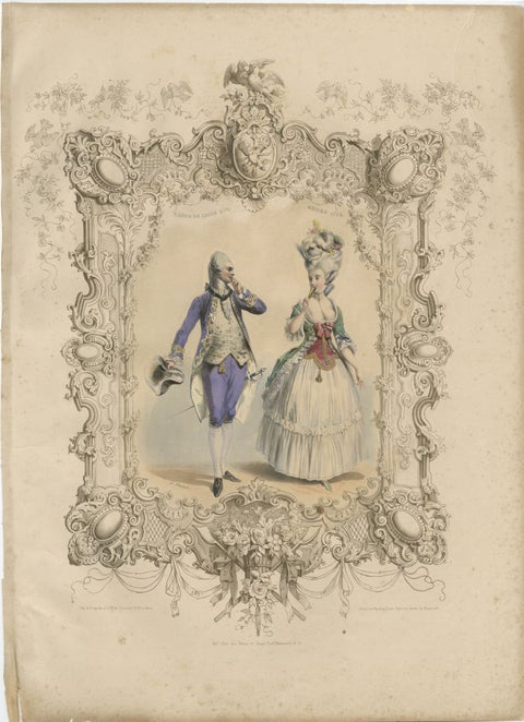 Louis XVI French Rococo Court Costume Lithograph, 1775, Published 1847