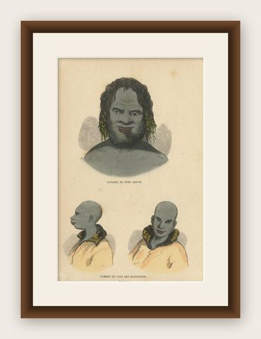 Antique Costume Print of an Inhabitant of Port Jervis & Women of Kangaroo Island, shown framed