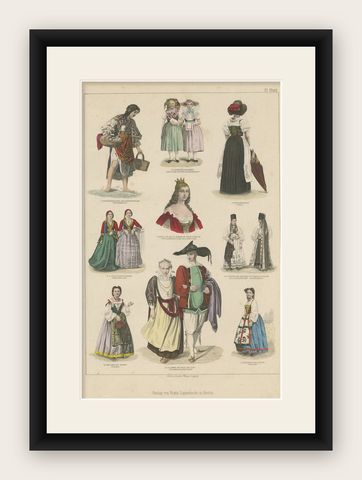 Original Print Showing Costumes of Austria, Tyrol, France, Italy Etc., ca.1875, shown framed