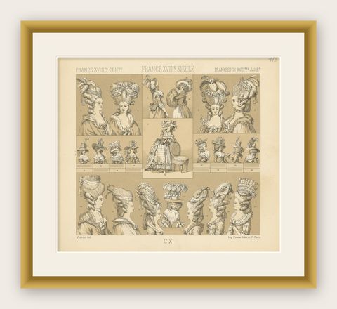 Antique Print of French 18th Century Women's Hats by Racinet, shown framed