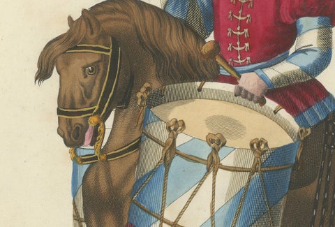 19th-Century Hand-Coloured Print of a Drummer on Horseback in Medieval Attire, close-up 2